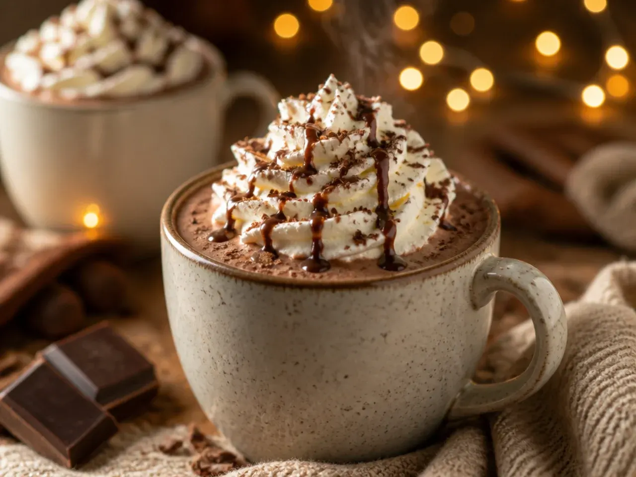 Mug of rich hot chocolate made from a blend of milk and dark chocolate, steam rising above the surface