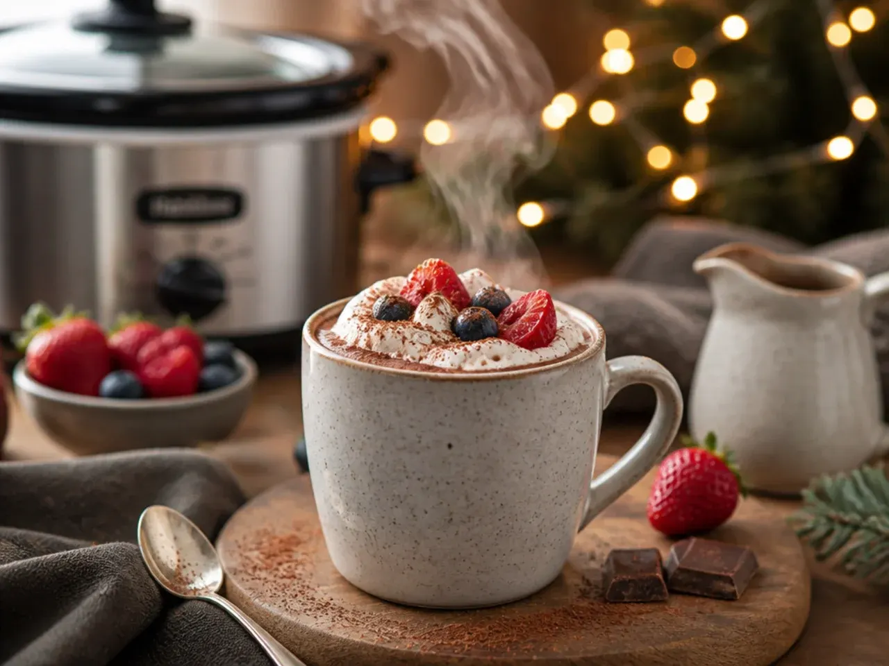 Child-sized mug of mild hot chocolate topped with mini marshmallows