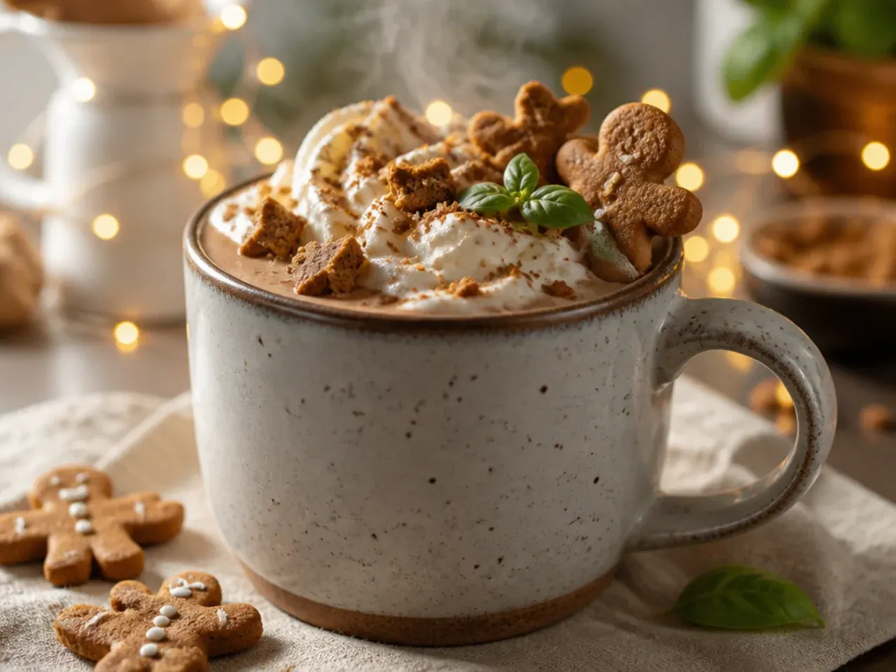 Mug of spiced gingerbread hot chocolate garnished with a cinnamon stick and a small gingerbread biscuit on the side
