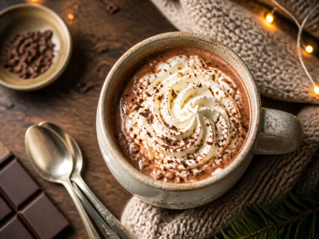 Mug of hot chocolate freshly poured, with a saucepan and whisk visible in the background