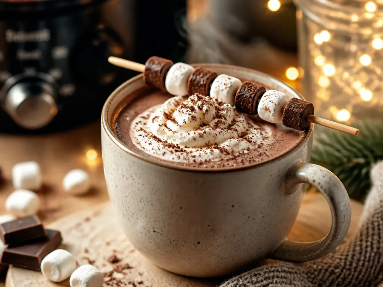 Rich dark homemade hot chocolate in a glass mug with a vanilla pod resting alongside