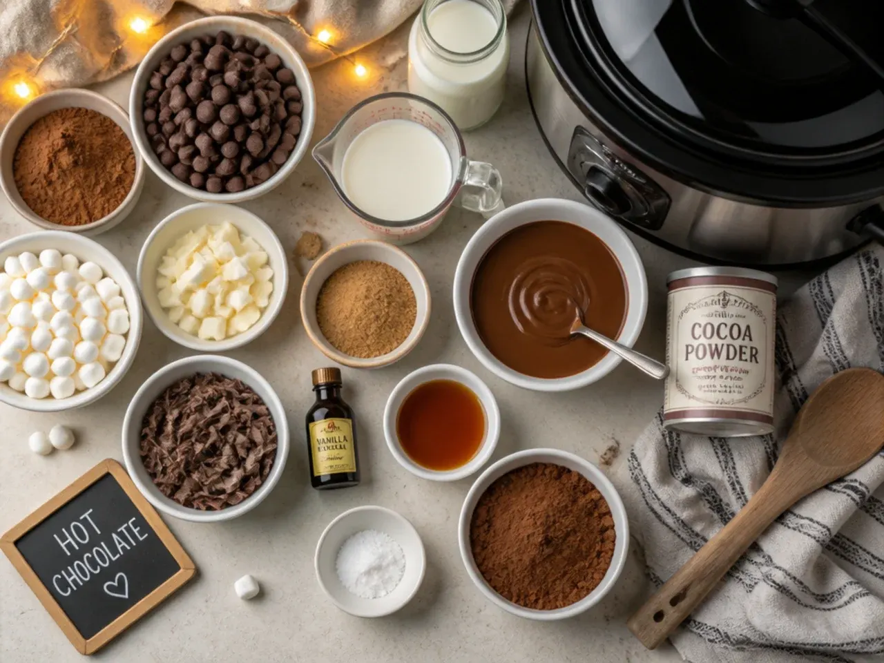 Close-up of a whisk stirring a smooth cocoa paste in a small bowl before adding it to a crock pot
