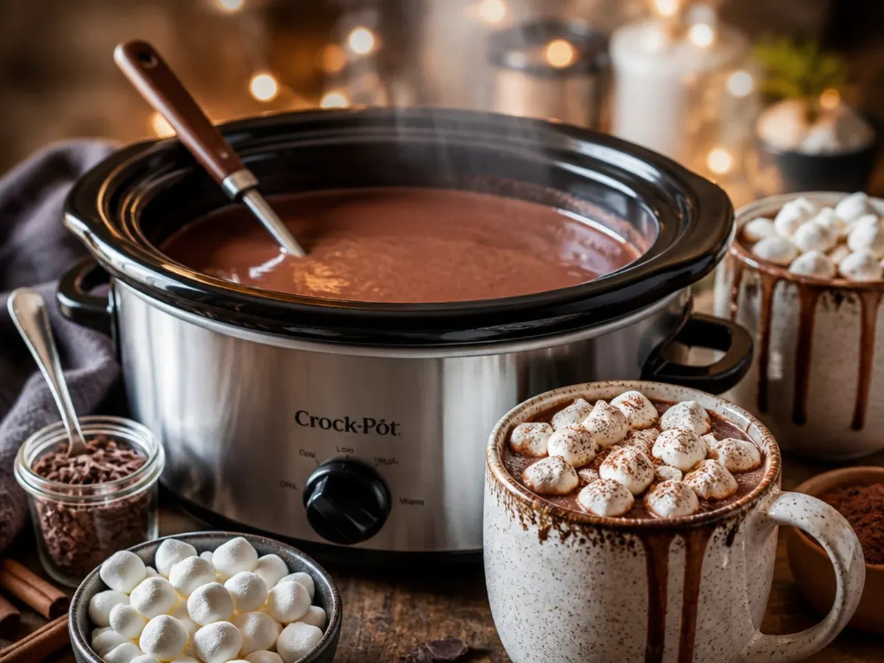 Row of mugs being filled from a crock pot with toppings of whipped cream and marshmallows laid out alongside