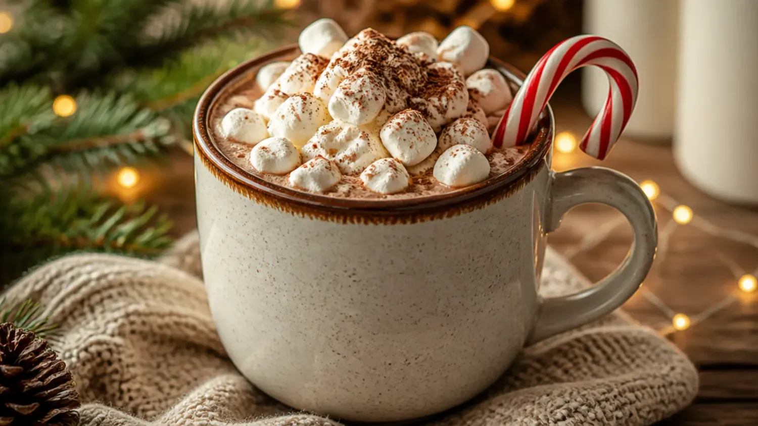 A steaming mug of rich hot chocolate topped with whipped cream and marshmallows on a wooden table