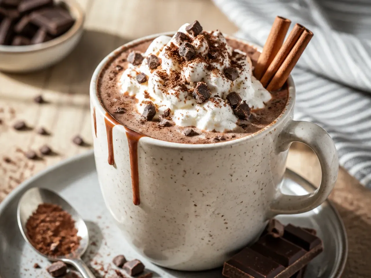 Overhead shot of ingredients for hot chocolate including milk, cocoa powder and chocolate pieces