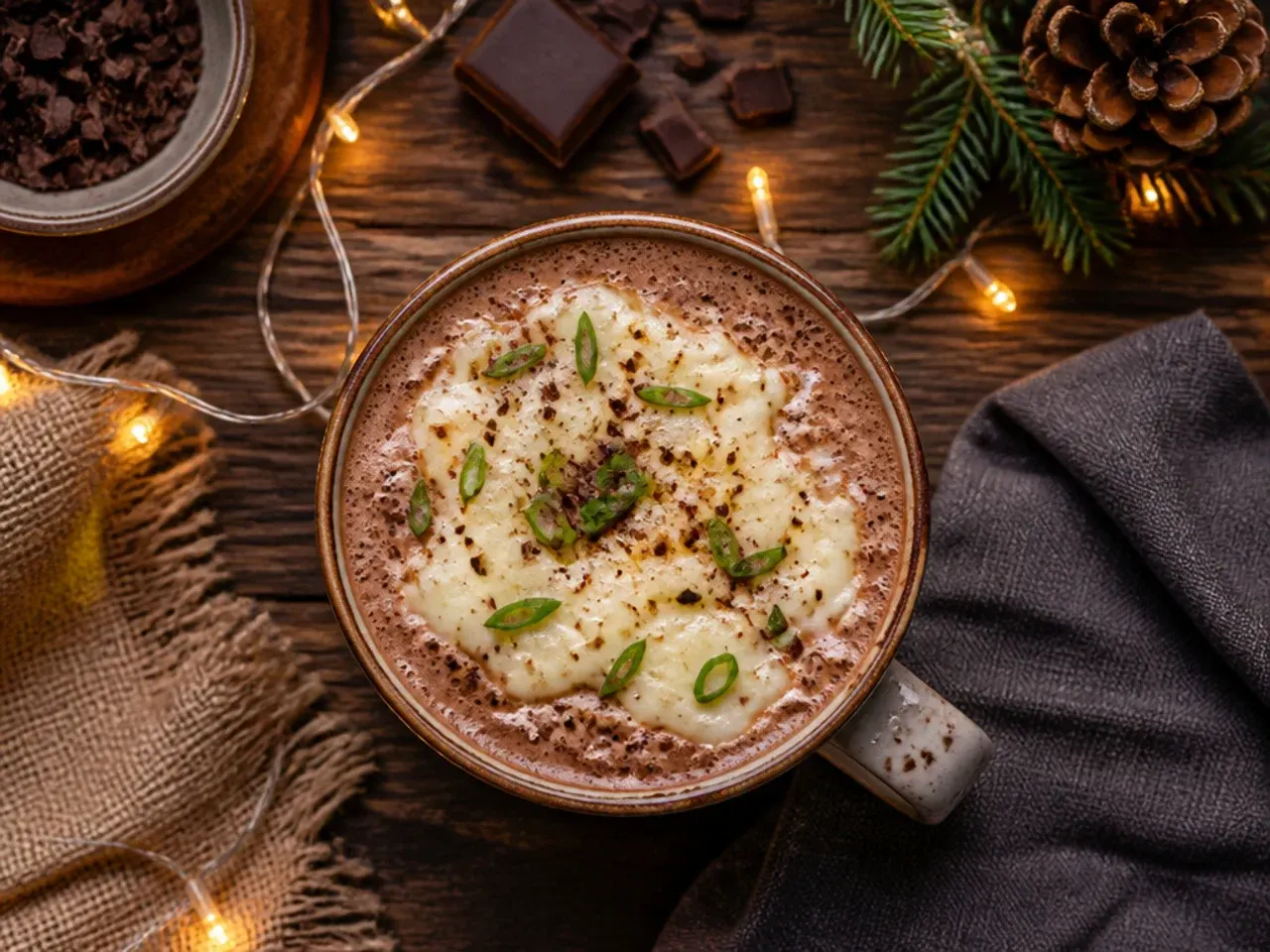 Saucepan of classic stovetop hot chocolate being whisked until smooth
