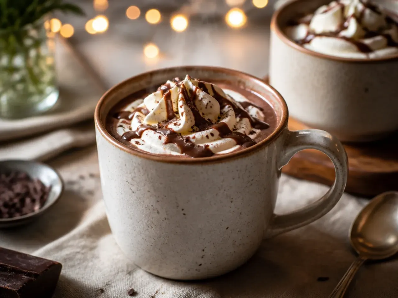 Mug of hot chocolate being made in the microwave with a spoon resting beside it