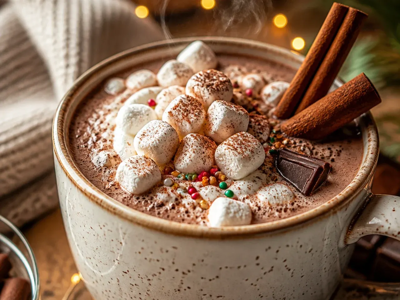 Mug of cinnamon hot chocolate garnished with a cinnamon stick