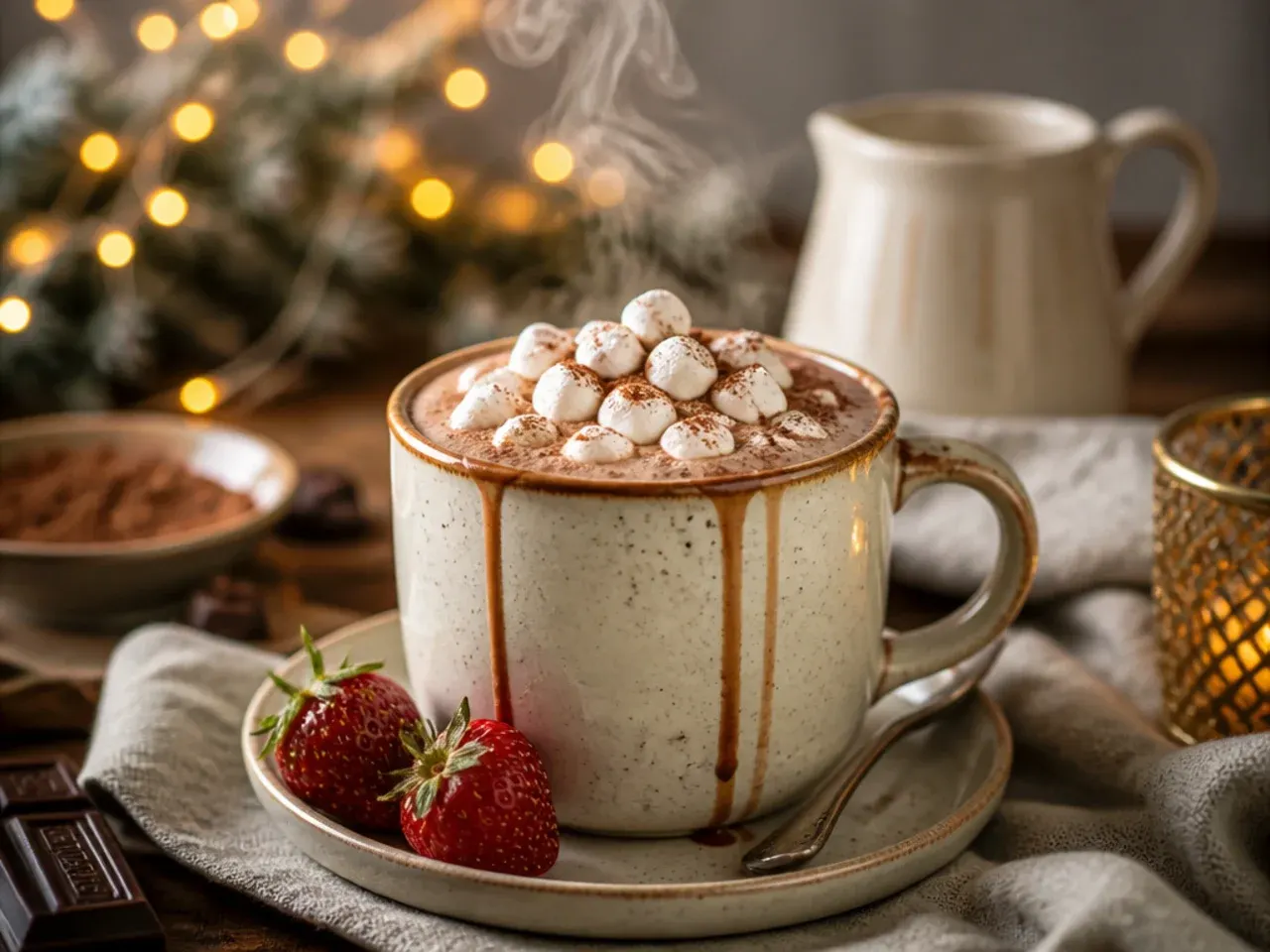 Three simple ingredients for basic hot chocolate laid out next to a finished mug