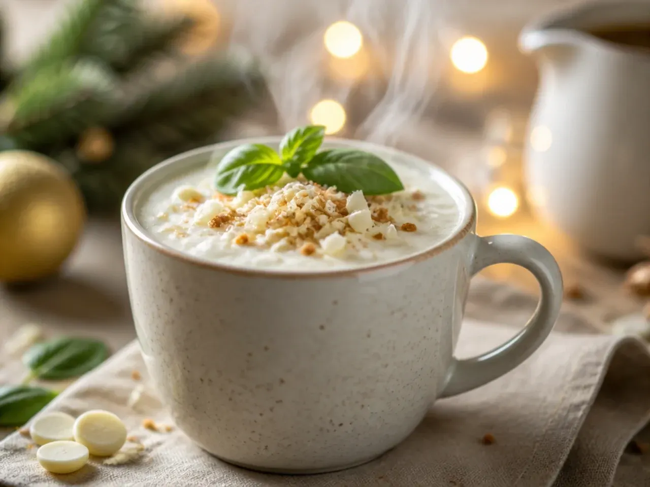 Mug of creamy white hot chocolate topped with white chocolate curls