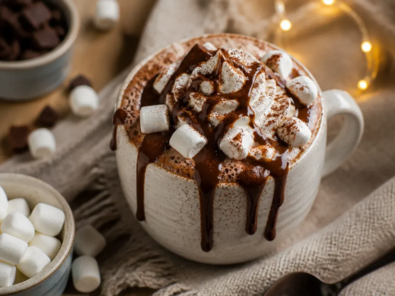 Loaded hot chocolate piled high with marshmallows and whipped cream