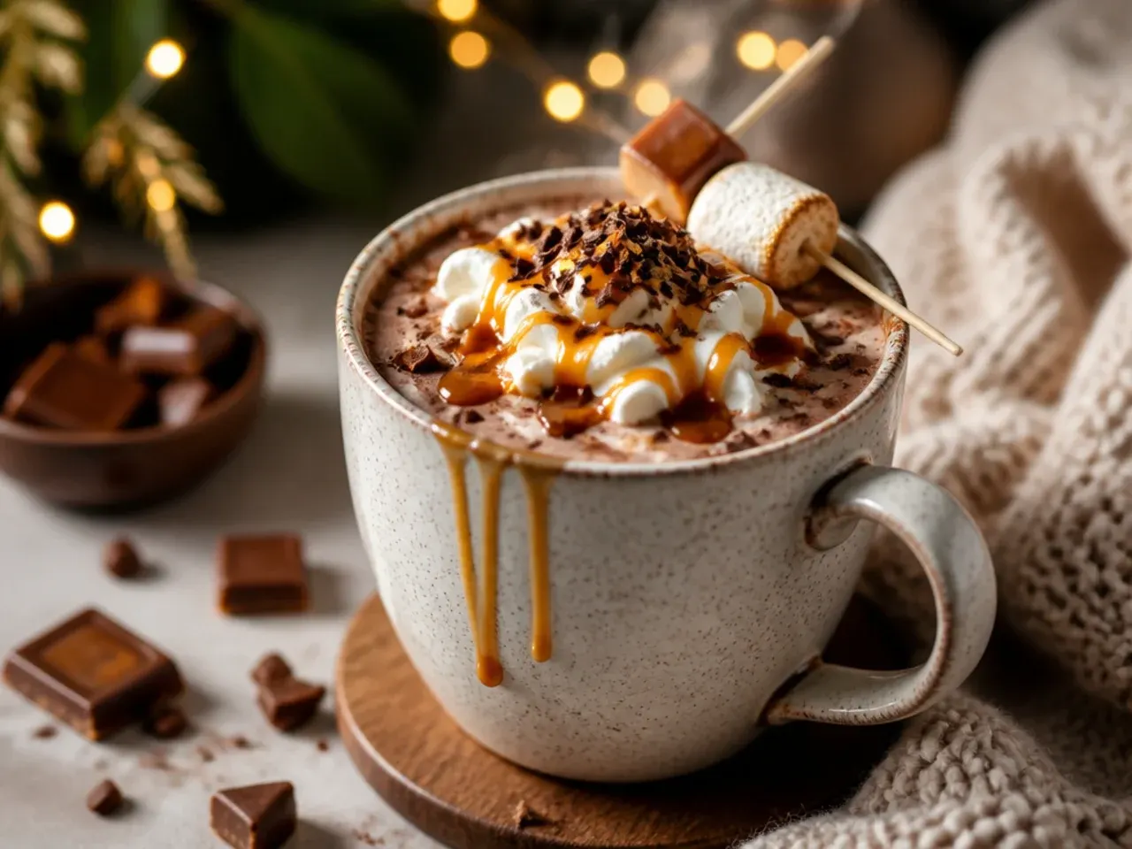 Salted caramel hot chocolate with a caramel drizzle and sea salt garnish