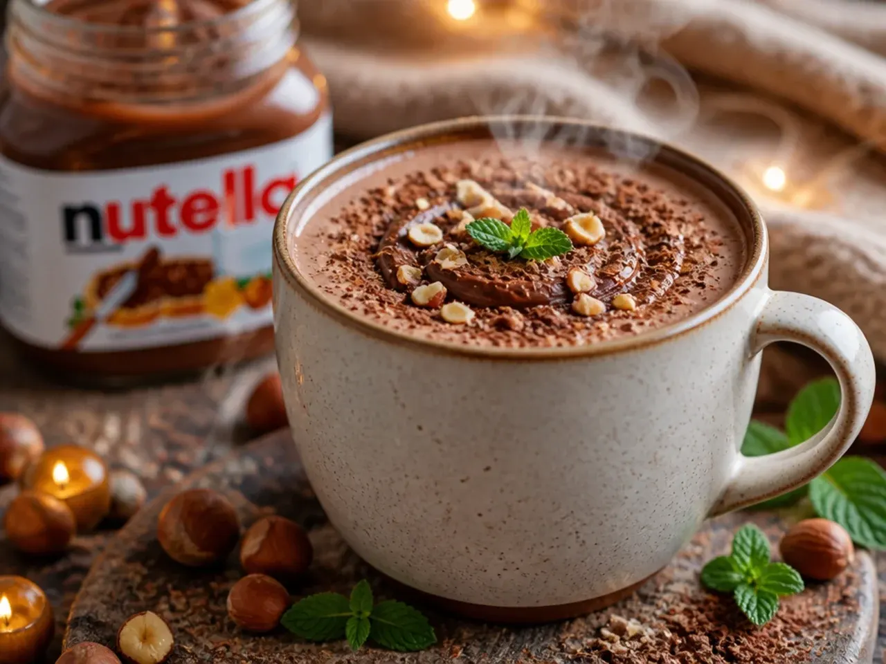 Nutella hazelnut hot chocolate topped with crushed hazelnuts and cream