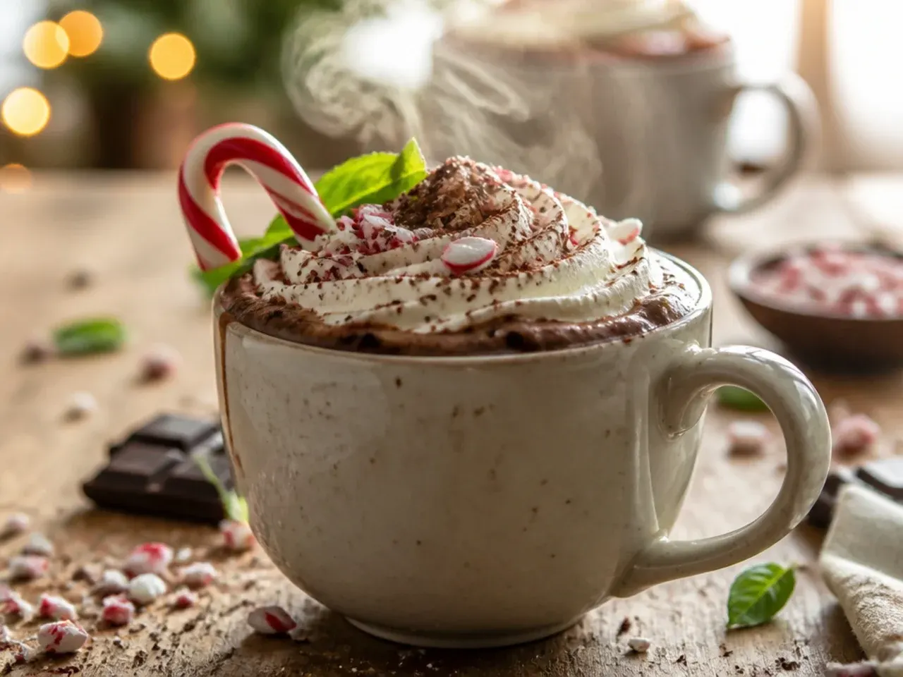 Festive peppermint mocha hot chocolate topped with crushed candy cane