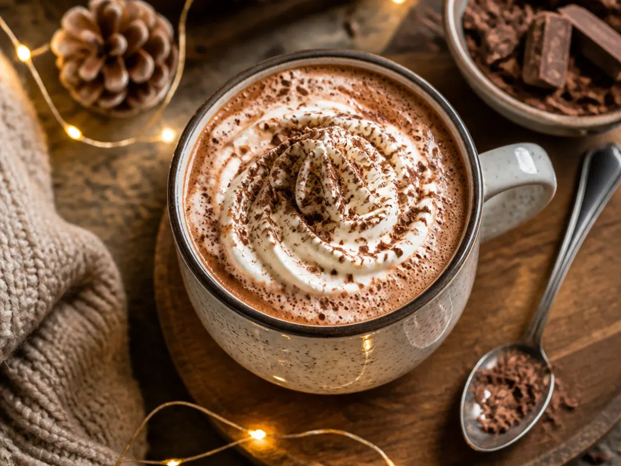 Instant hot chocolate sachet being upgraded with milk and melted chocolate