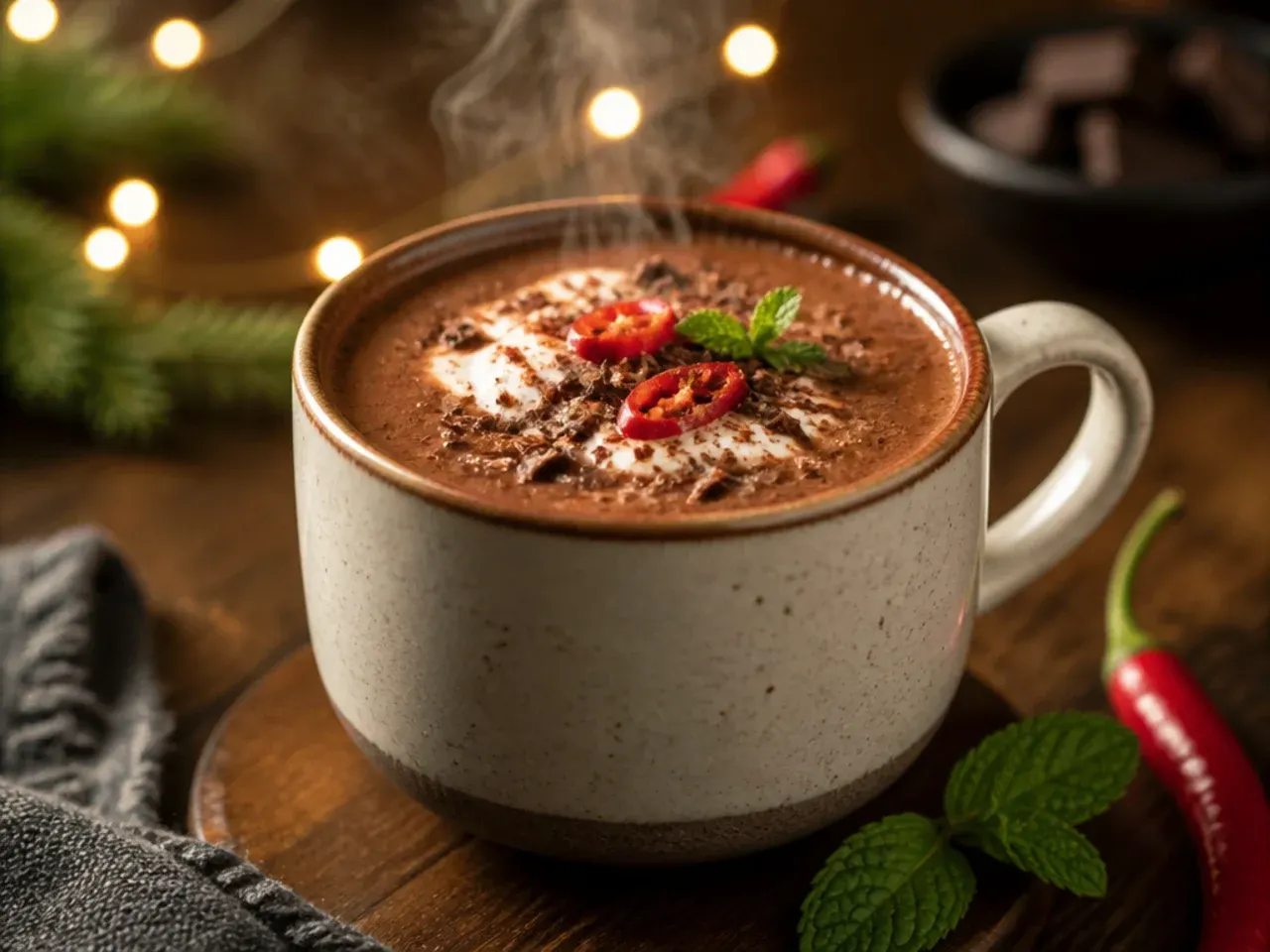 Mexican spiced hot chocolate dusted with cinnamon and chilli powder