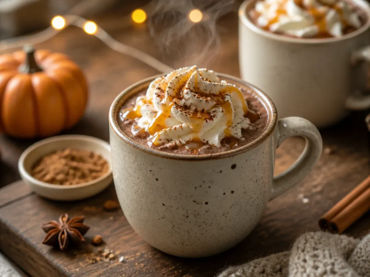 Pumpkin spice hot chocolate topped with cream and a dusting of spice