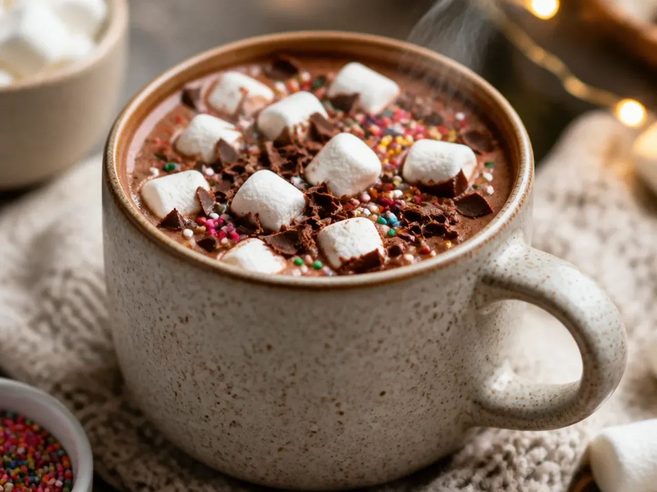 Dairy-free oat milk hot chocolate in a mug with coconut whipped cream