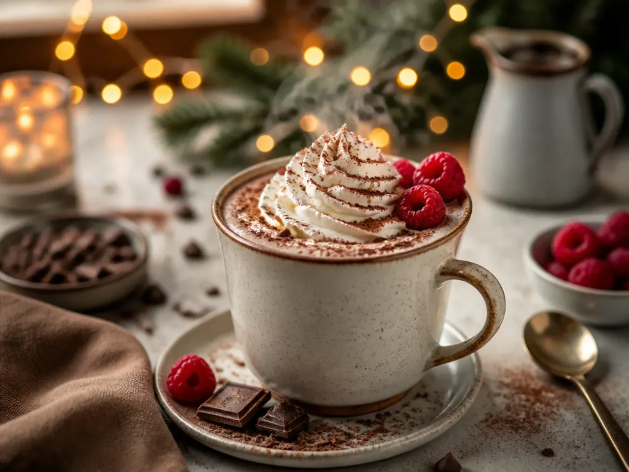 Rich double chocolate mocha hot chocolate topped with cream and cocoa dust