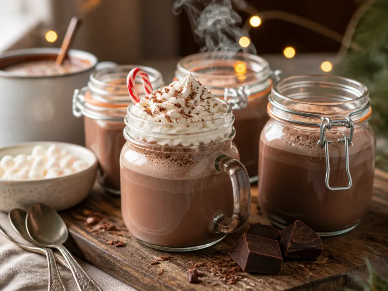 Airtight jar of hot chocolate mix next to a container of finished hot chocolate for the fridge