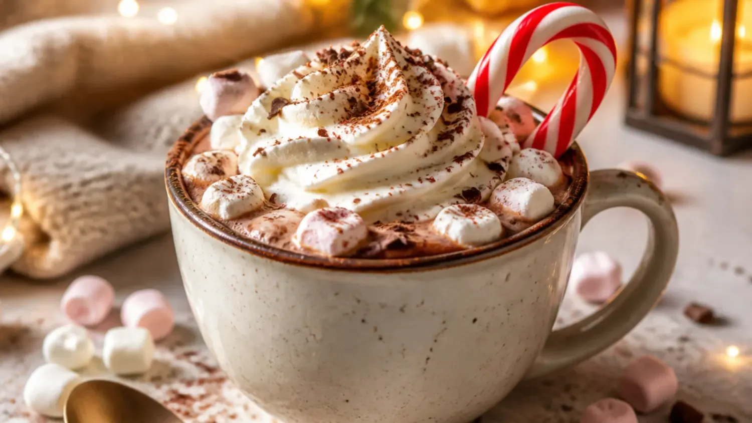 A single mug of creamy hot chocolate topped with whipped cream and a dusting of cocoa, steam rising, on a wooden table with cinnamon sticks nearby