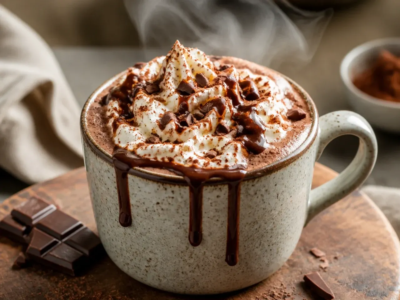 Overhead shot of a single hot chocolate mug with whipped cream, marshmallows and a cinnamon stick beside a small saucepan of milk
