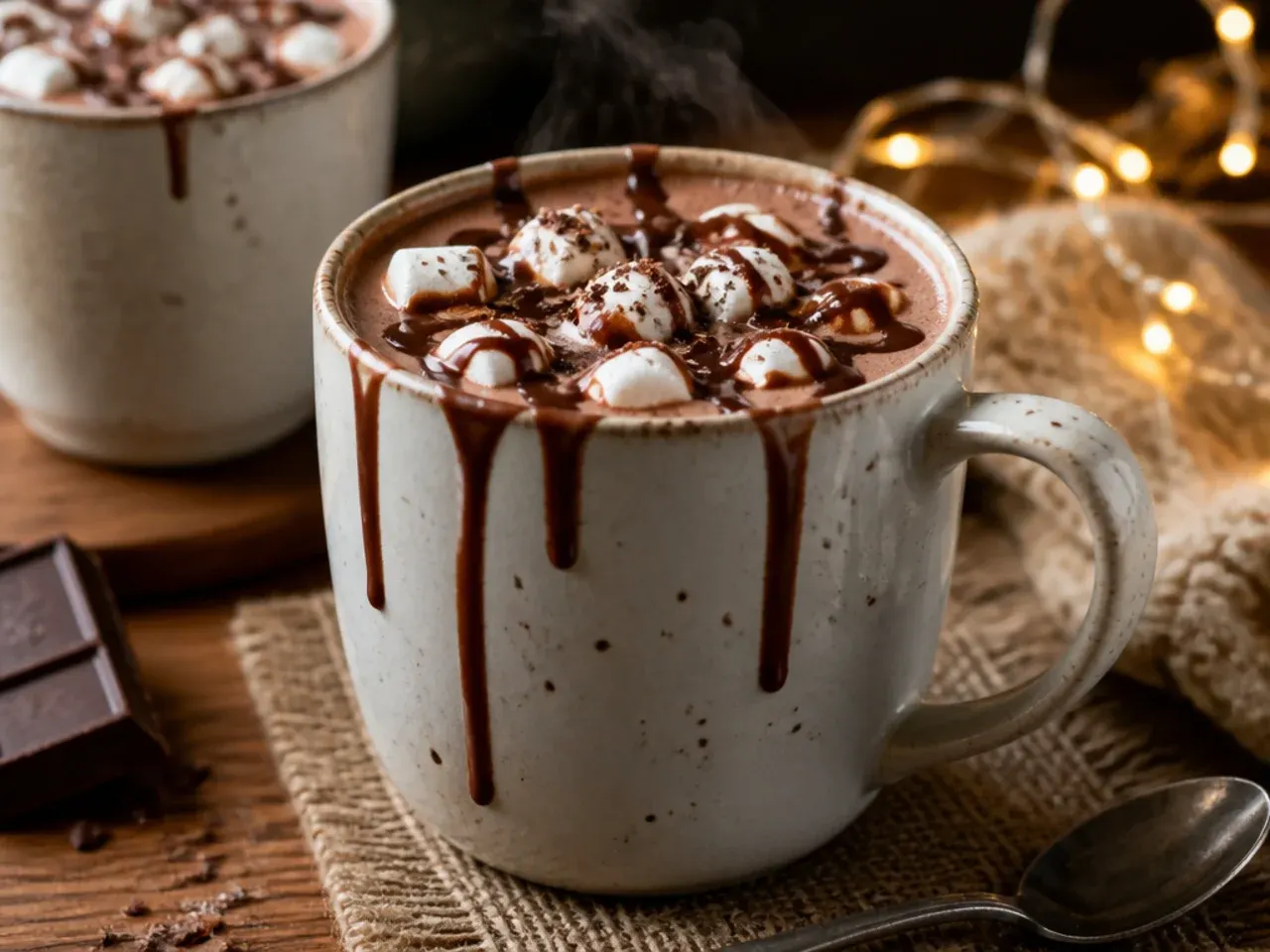 Mug of hot chocolate being stirred after coming out of the microwave with steam rising