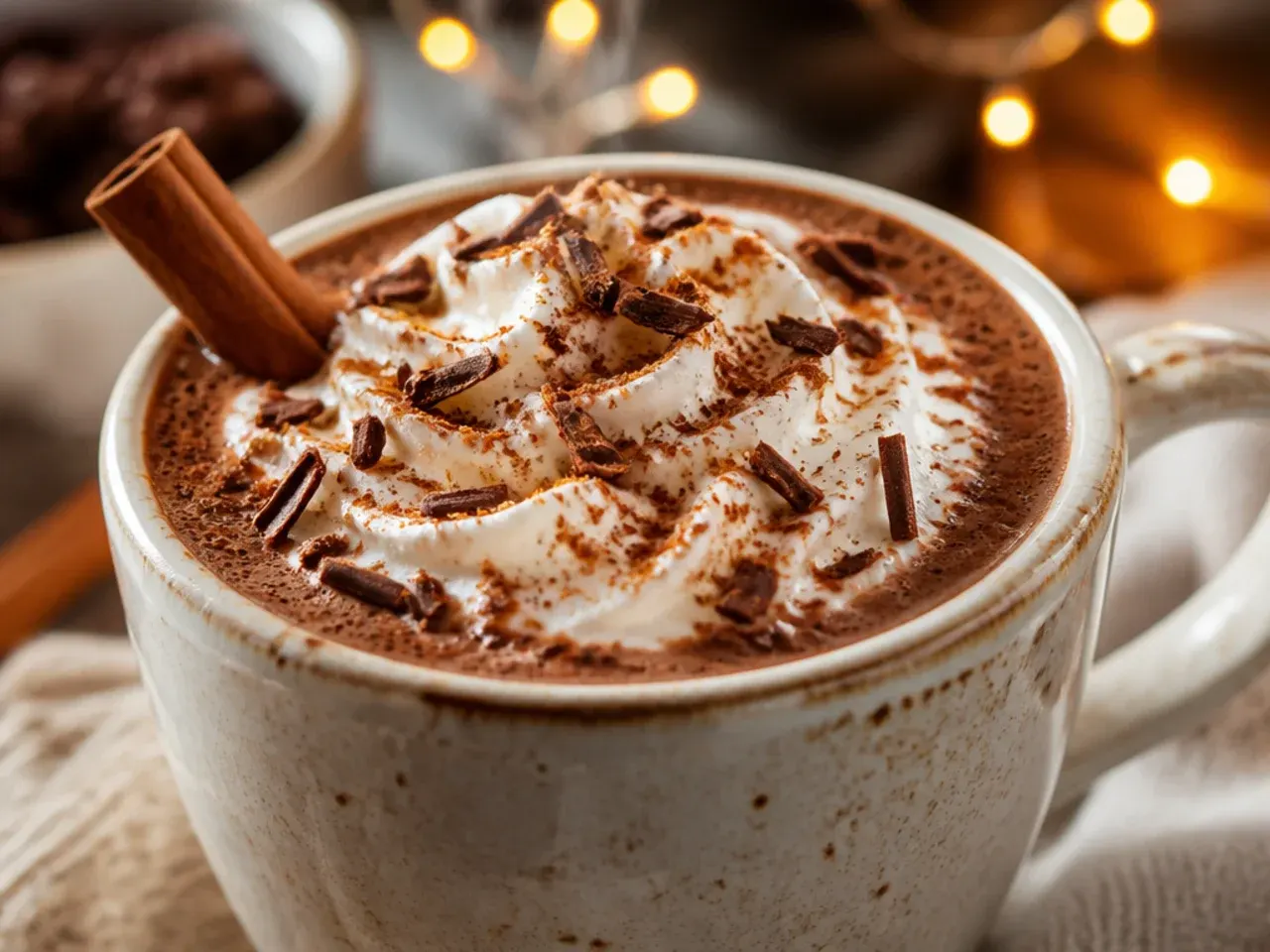 Spiced hot chocolate mug garnished with a cinnamon stick and a light dusting of nutmeg