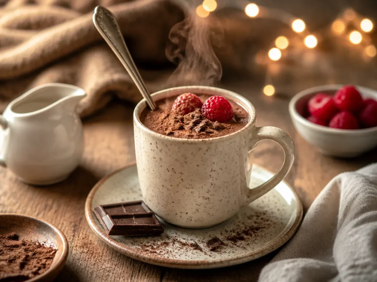 Squares of chocolate bar melting into warm milk in a small saucepan