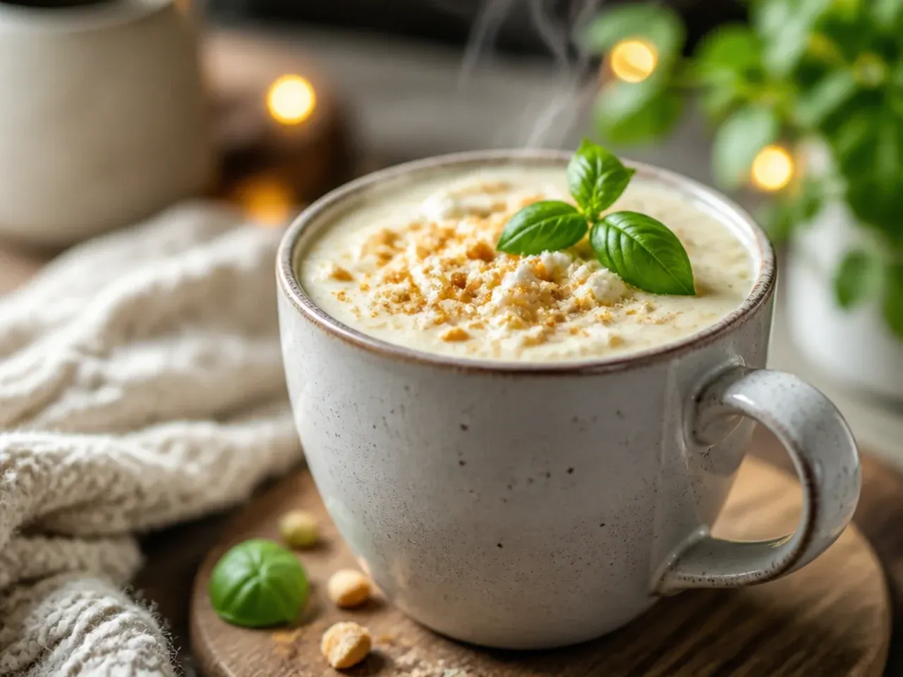 Mug of pale creamy white hot chocolate topped with white chocolate shavings