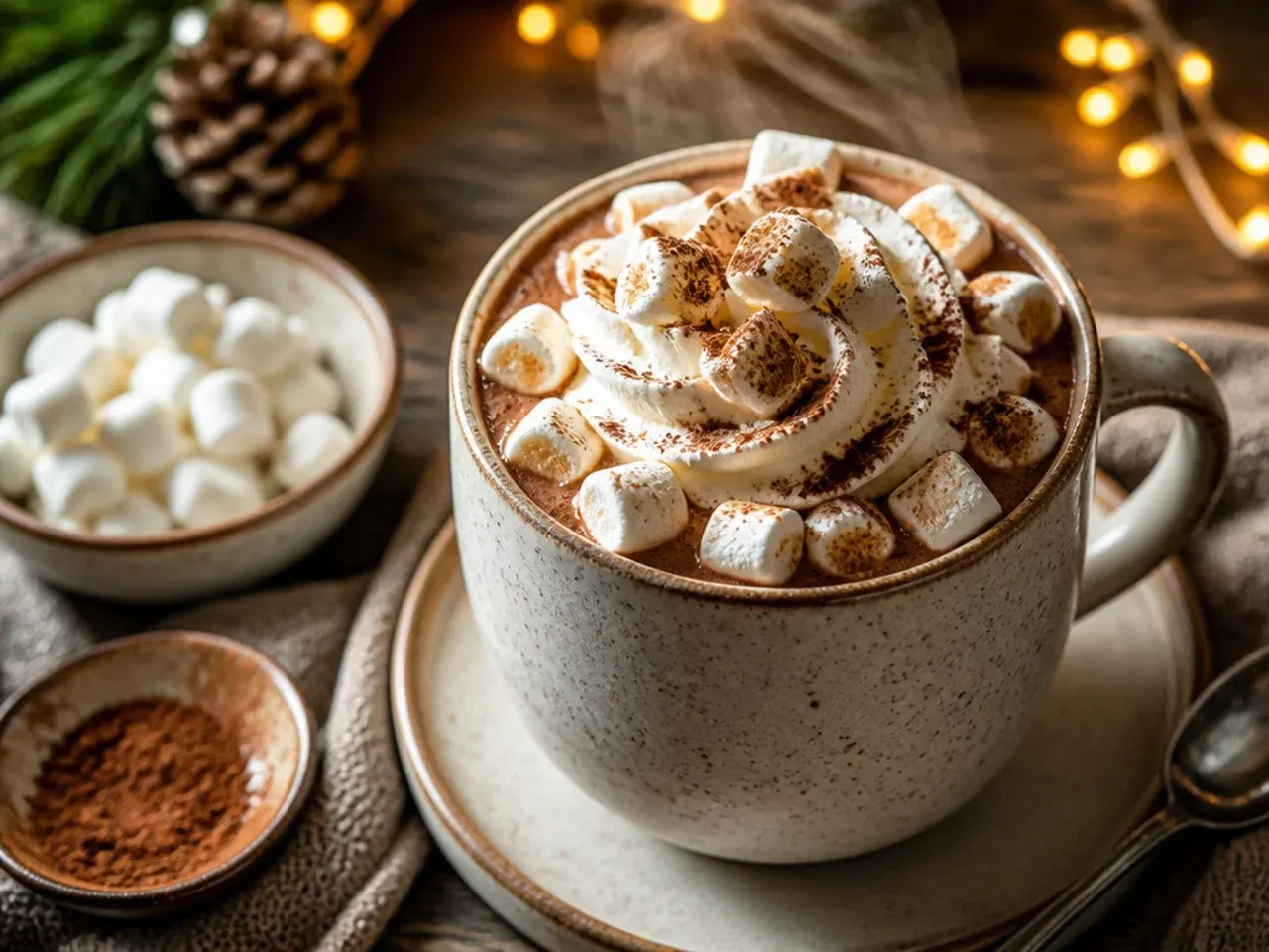 Loaded hot chocolate mug piled with toasted marshmallows, whipped cream and chocolate drizzle