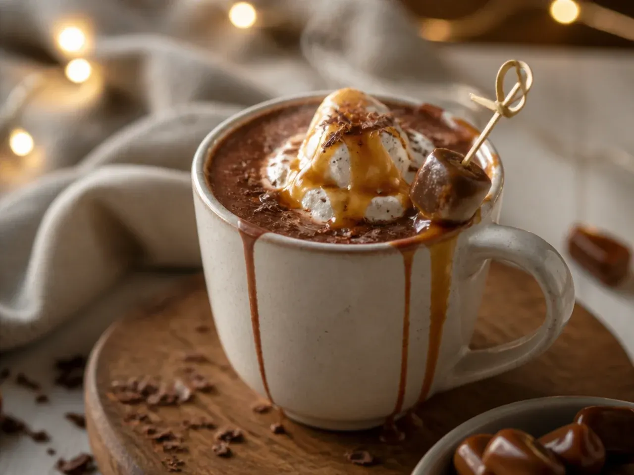 Hot chocolate mug drizzled with caramel sauce and finished with flaky sea salt