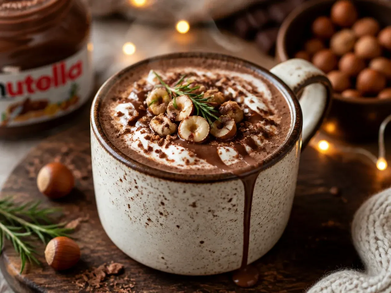 Hot chocolate mug made with Nutella, topped with chopped toasted hazelnuts