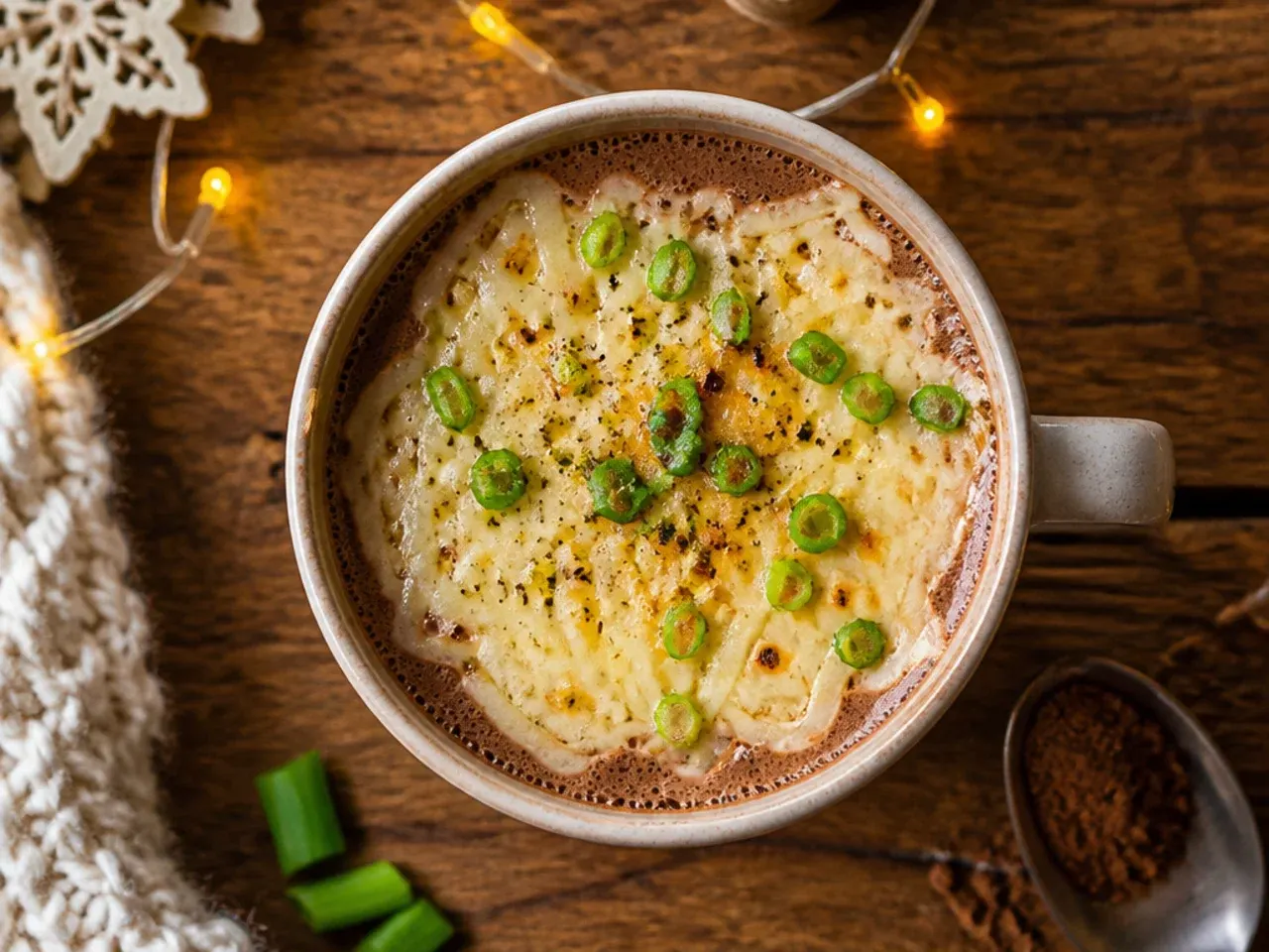 Simple mug of hot chocolate made with basic cocoa powder and milk on a kitchen counter