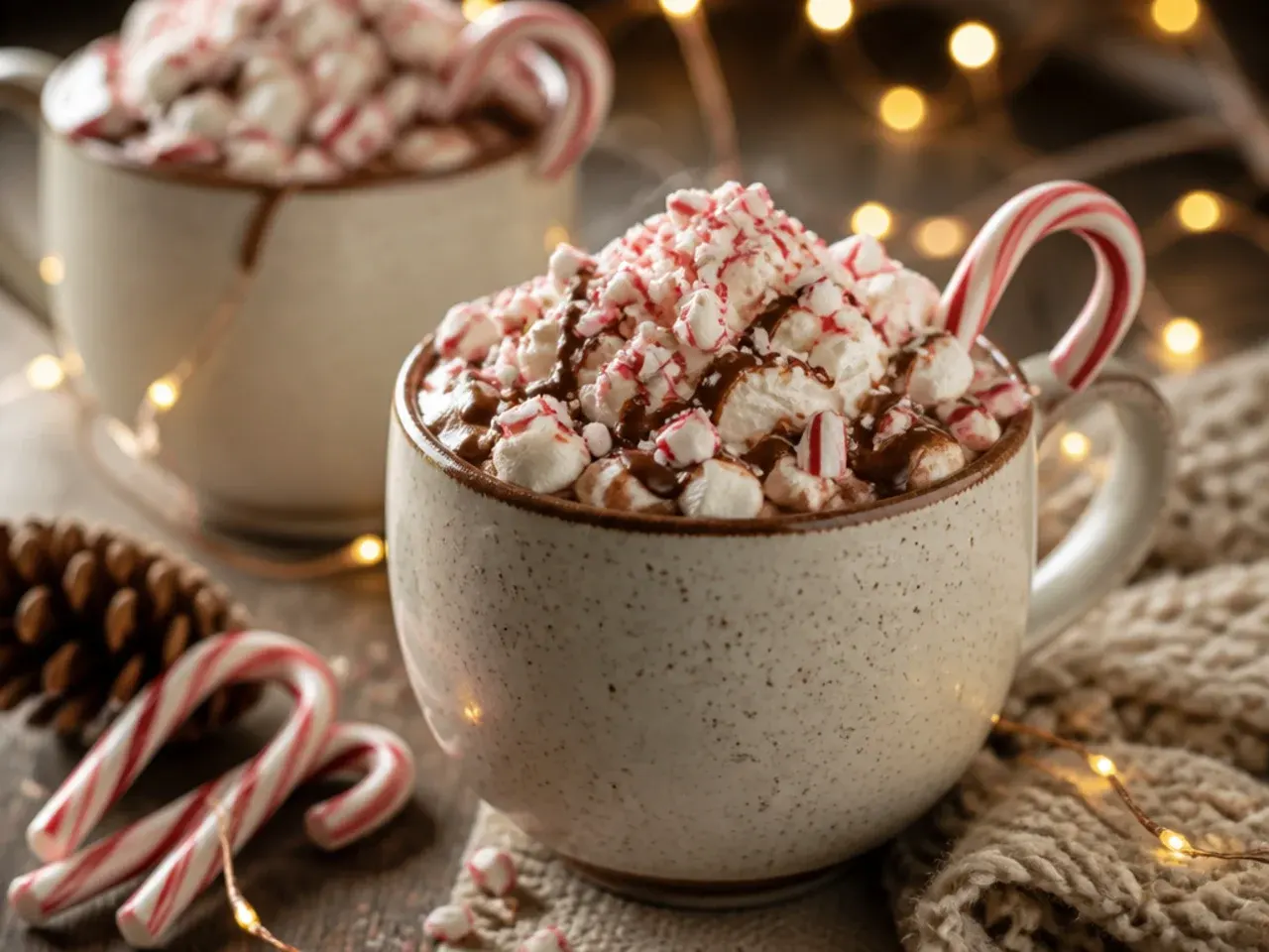 Peppermint hot chocolate mug garnished with crushed candy cane pieces and whipped cream