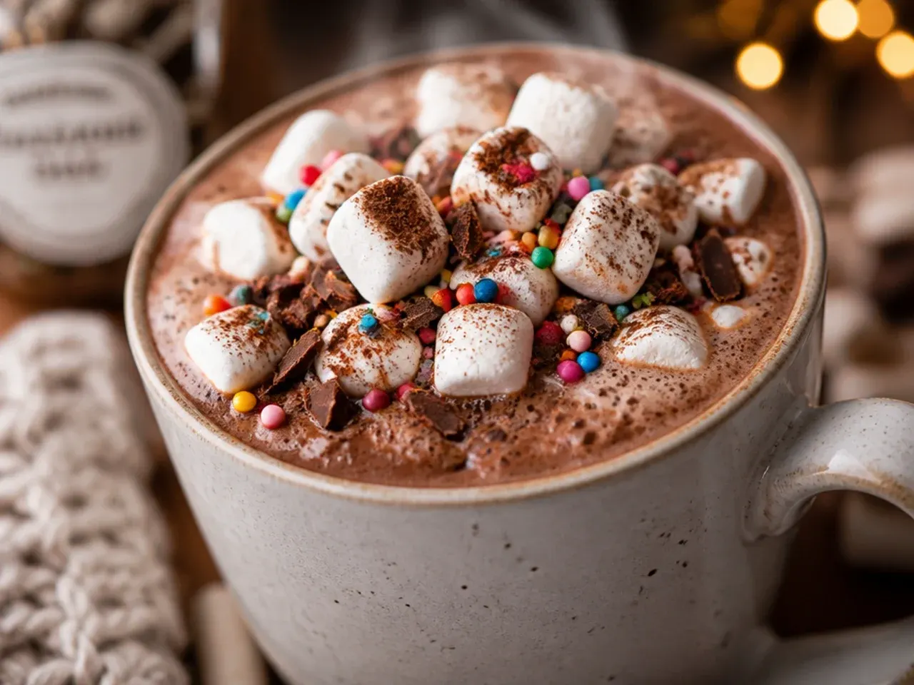 Small glass jar of dry hot chocolate mix next to a mug and a spoon
