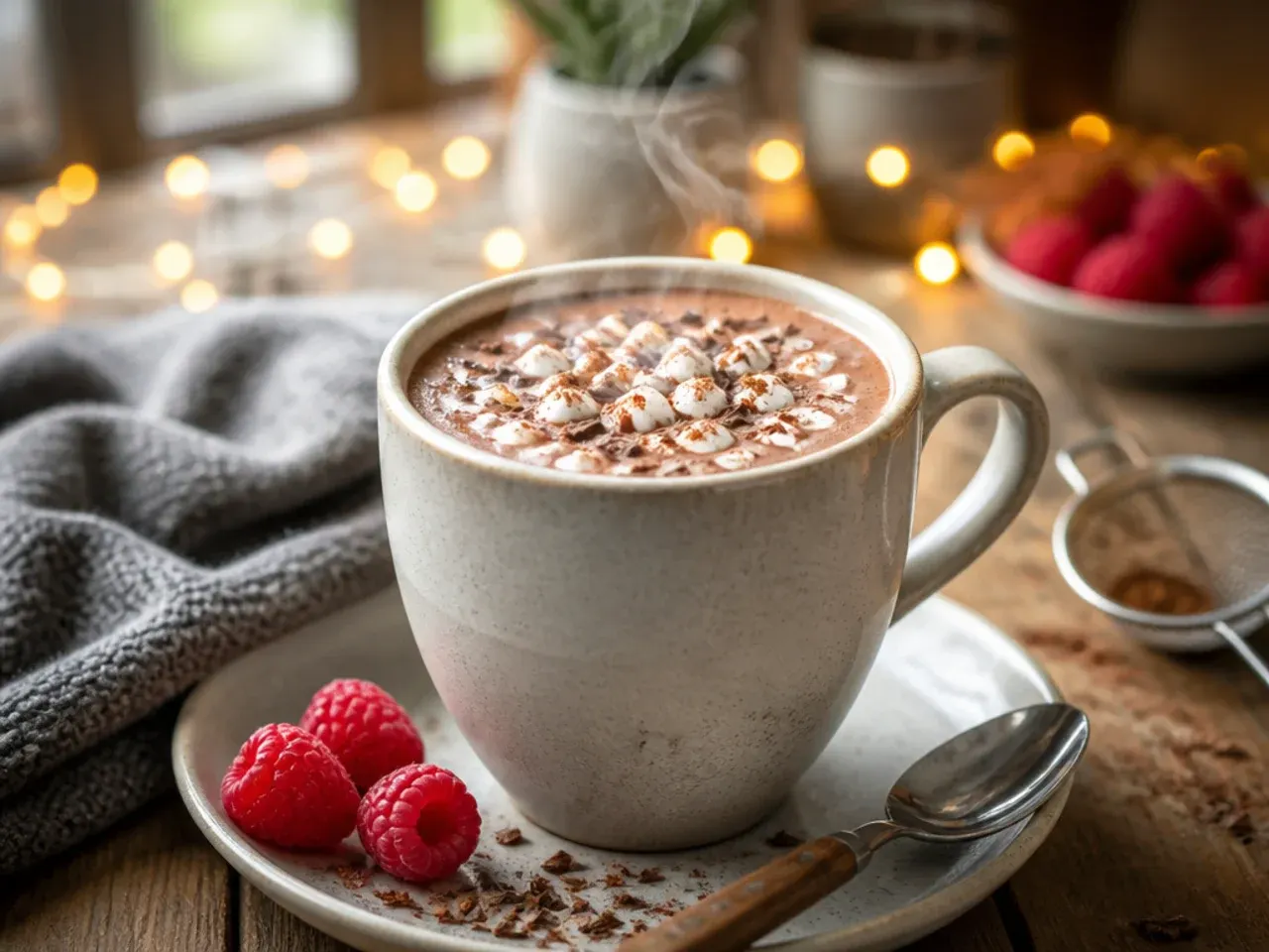 Mild hot chocolate in a child-sized mug topped with a few marshmallows