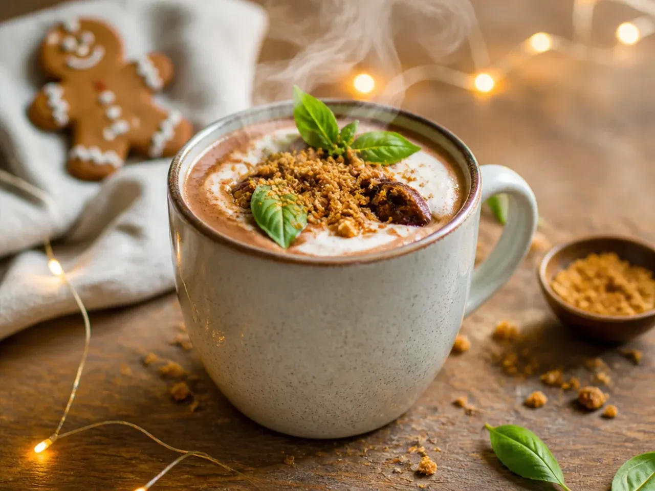 Gingerbread-spiced hot chocolate mug garnished with a gingerbread biscuit on the side