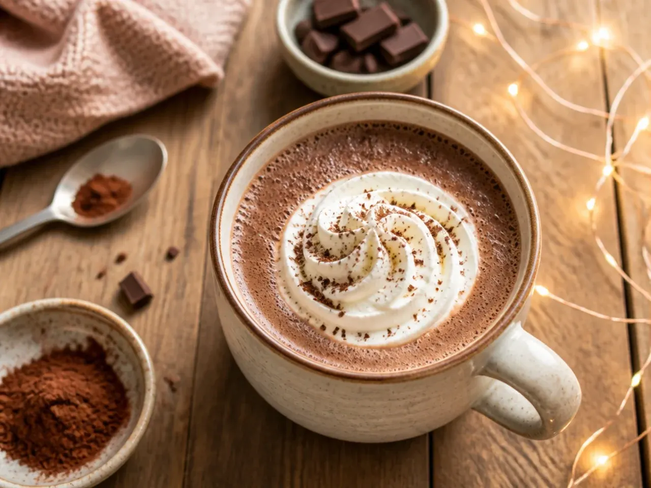 Instant hot chocolate sachet being poured into a mug of warm milk