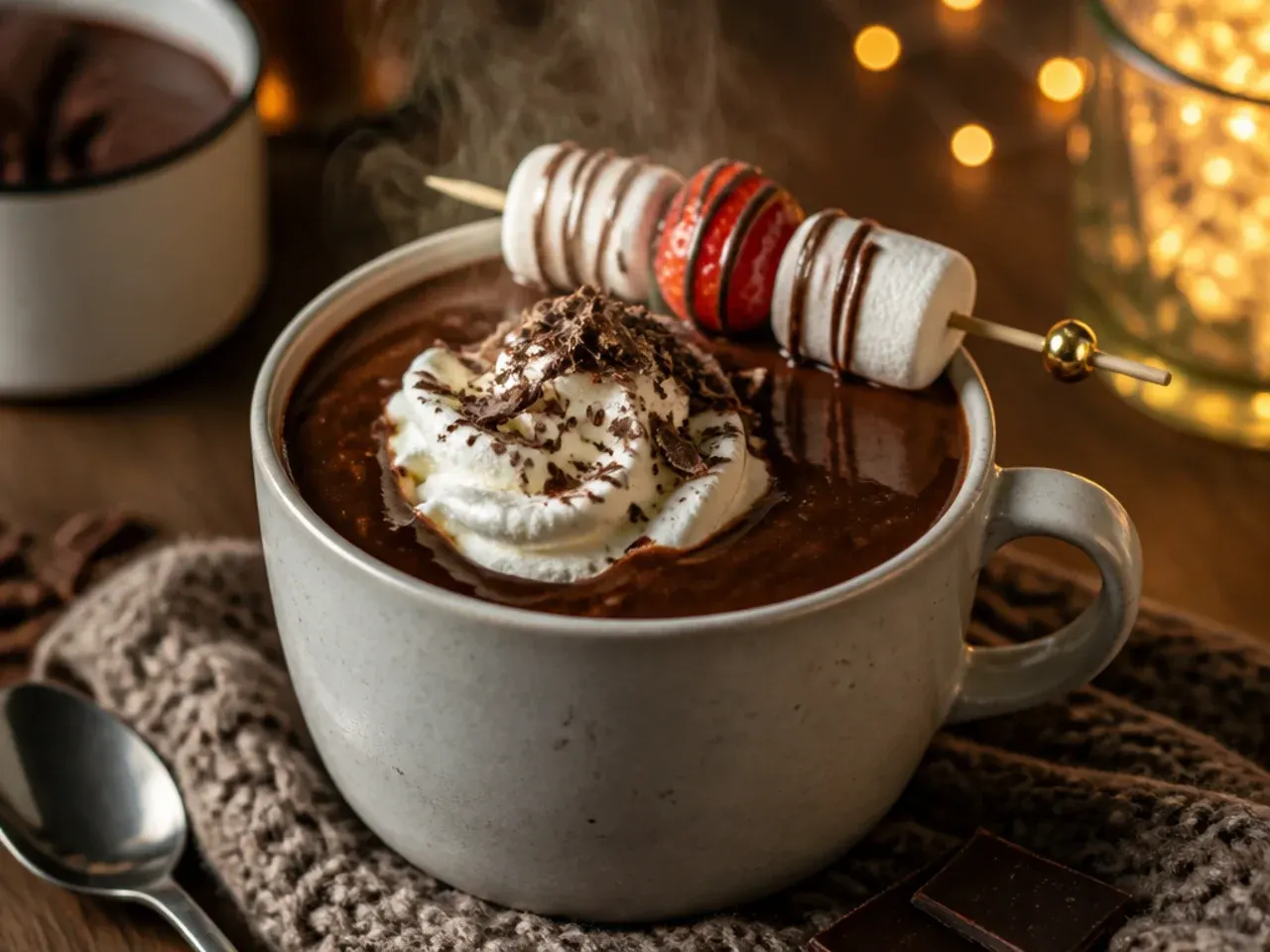 Rich dark hot chocolate being whisked smooth in a mug, thick and glossy