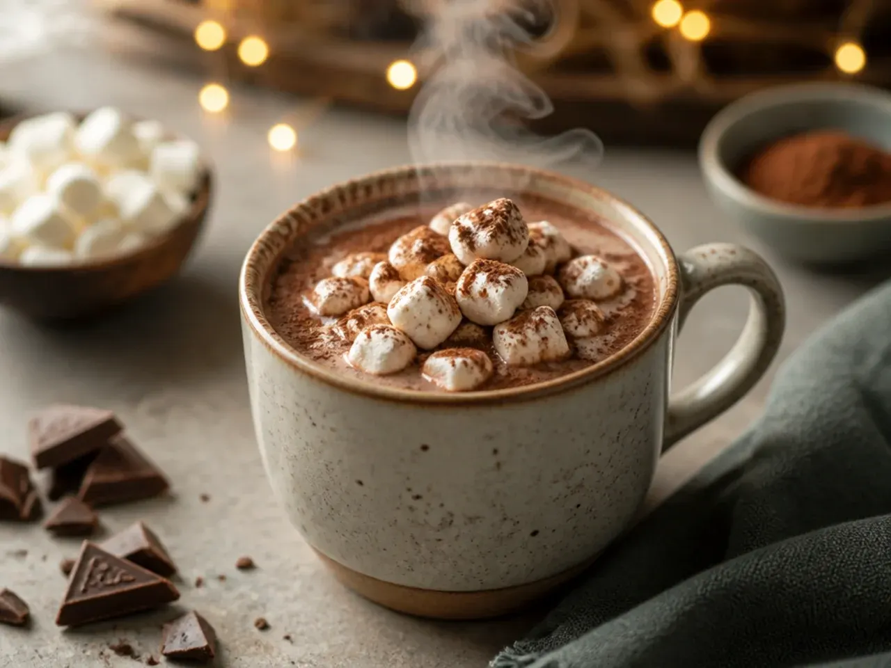 Finished hot chocolate mug with whipped cream, cocoa dusting and grated chocolate on top, served on a small tray