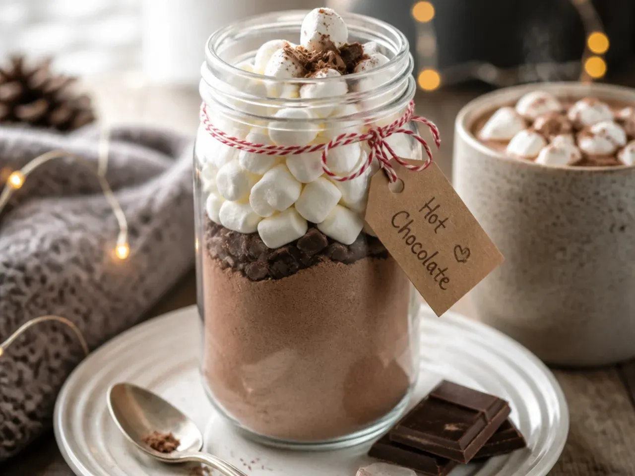 Jar of hot chocolate mix and small portioned bags of chopped chocolate ready for quick mugs