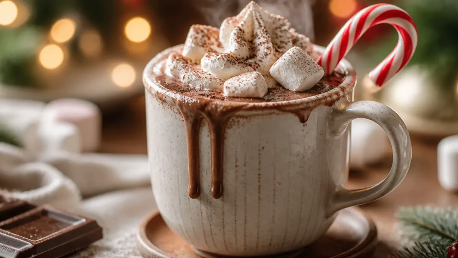 A steaming mug of healthy homemade hot chocolate made with cocoa powder and milk, topped with a light dusting of cinnamon, next to a torn-open packet of shop-bought hot chocolate mix