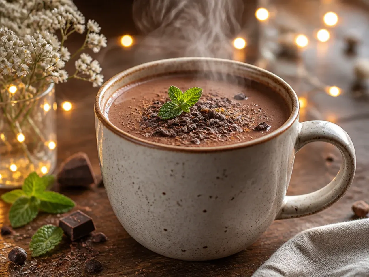 Cocoa powder, milk, honey and a whisk laid out on a counter for a healthy homemade hot chocolate