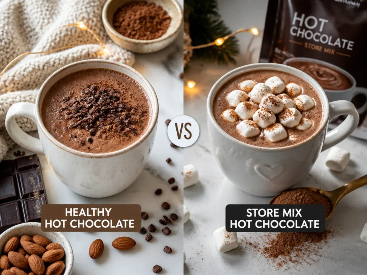 Coins and a receipt next to cocoa powder and a hot chocolate sachet comparing cost per mug