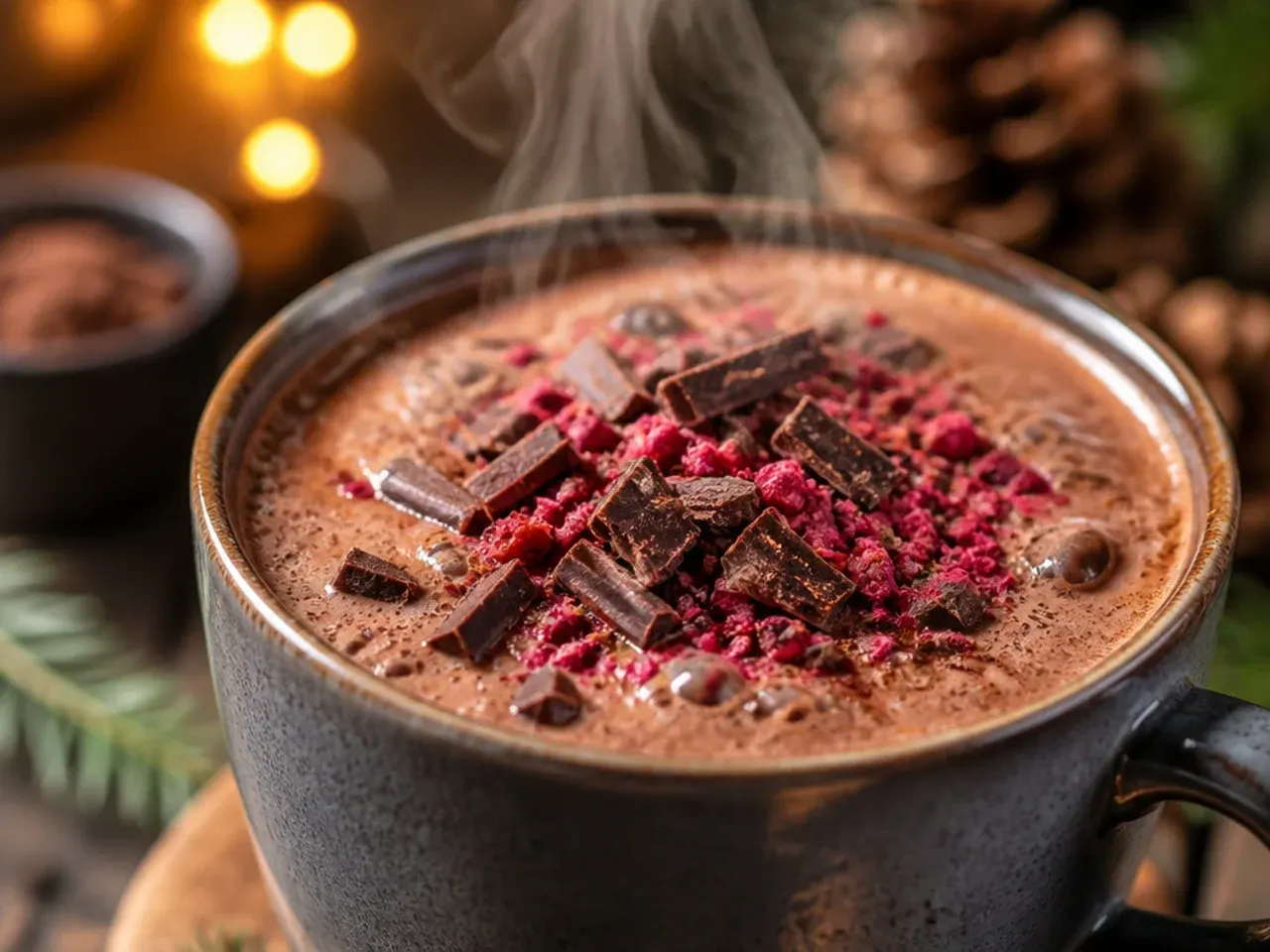 Side-by-side mugs comparing the glossy texture of homemade hot chocolate against a thinner store-bought version
