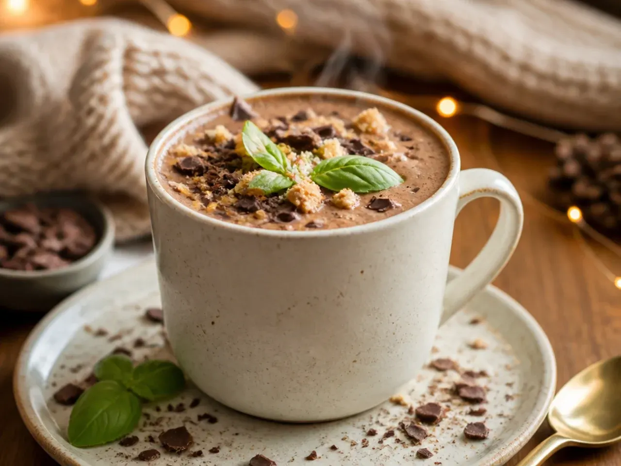 A cosy table set with a mug of homemade hot chocolate and a marked jar of cocoa powder for daily use