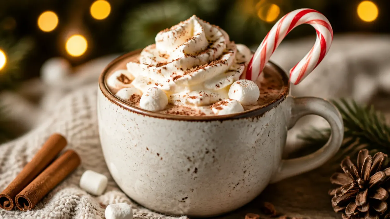 Mug of homemade hot chocolate topped with whipped cream and mini marshmallows