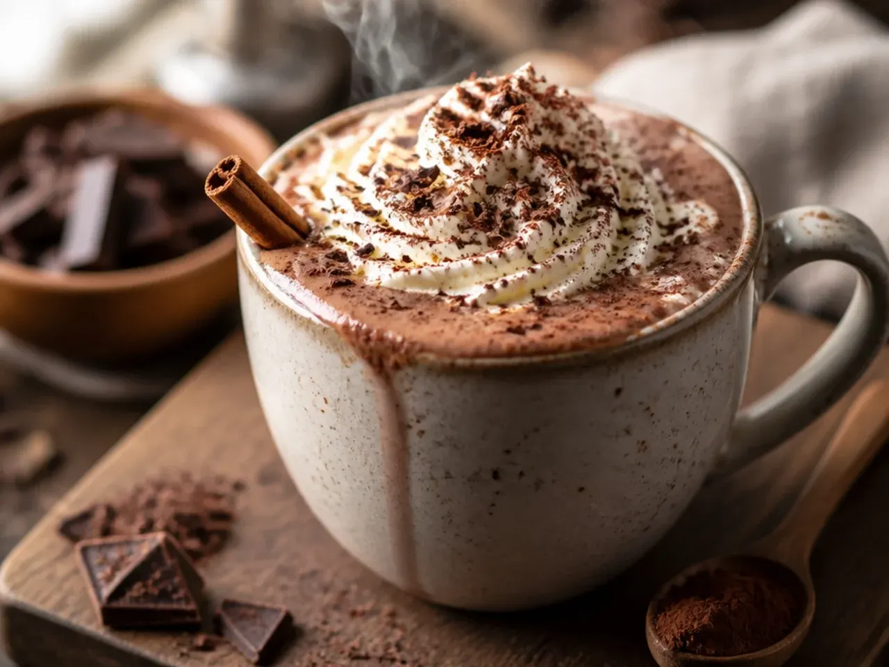Row of mugs filled with different homemade hot chocolate variations