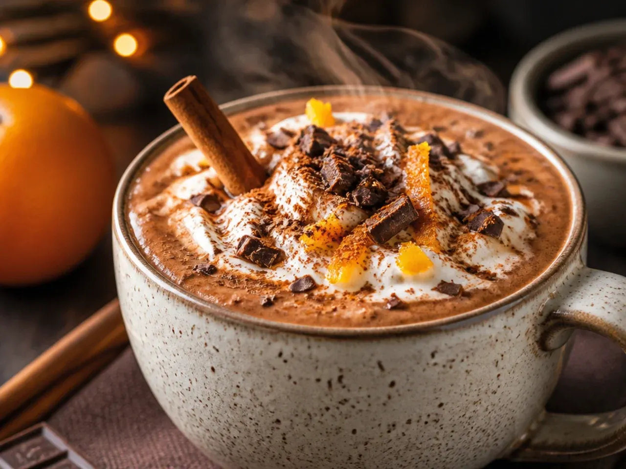 Mexican-style hot chocolate with a cinnamon stick garnish